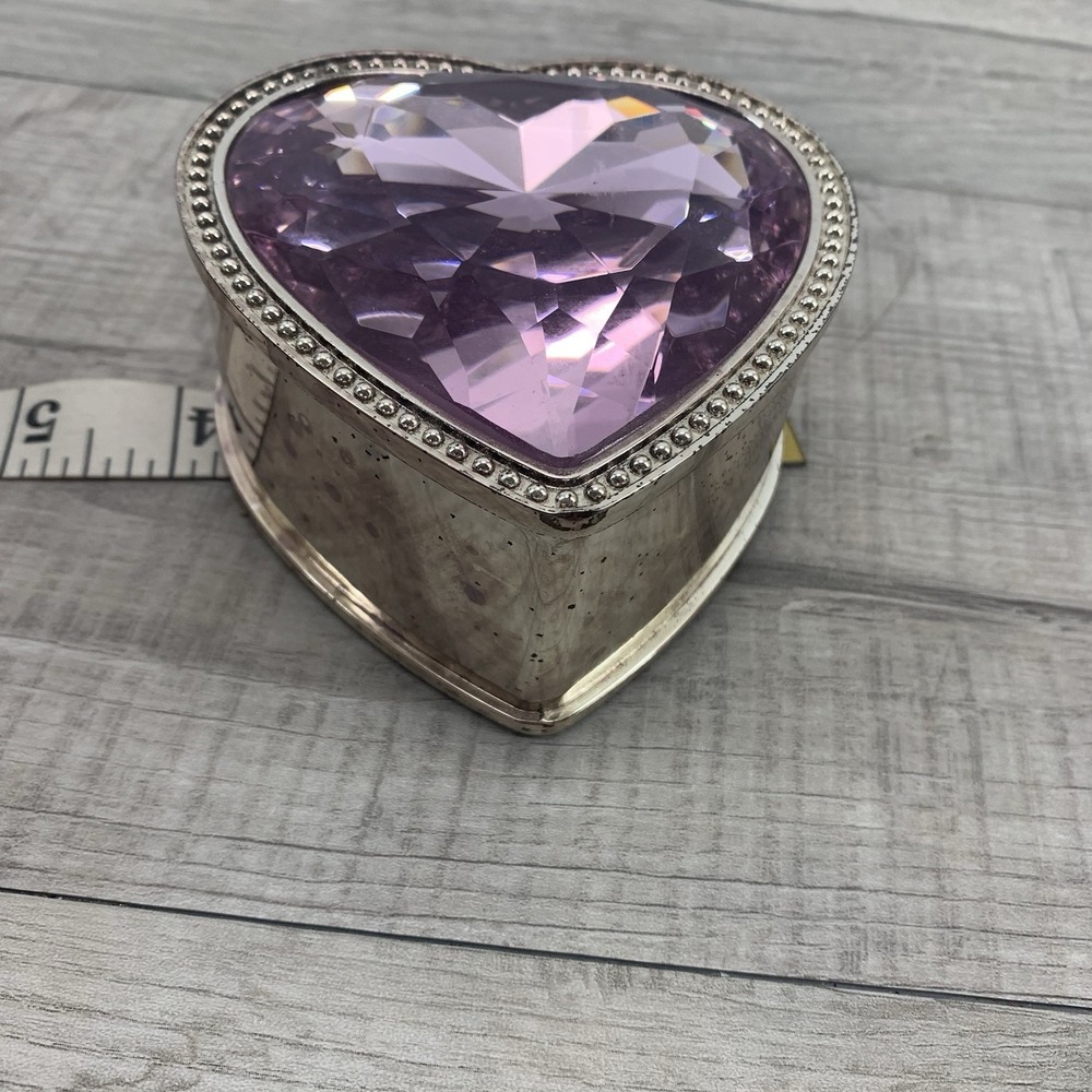 Vintage Round Pink Heart Faceted Glass Silver Tone Jewelry/Trinket Box - Picture 7 of 8